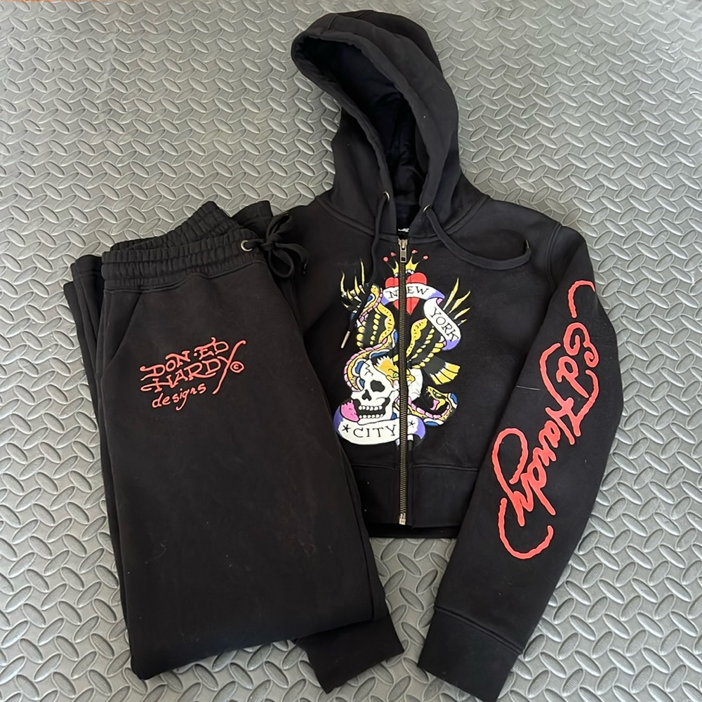 Ed Hardy Black Hoodie with Red and Yellow Accents